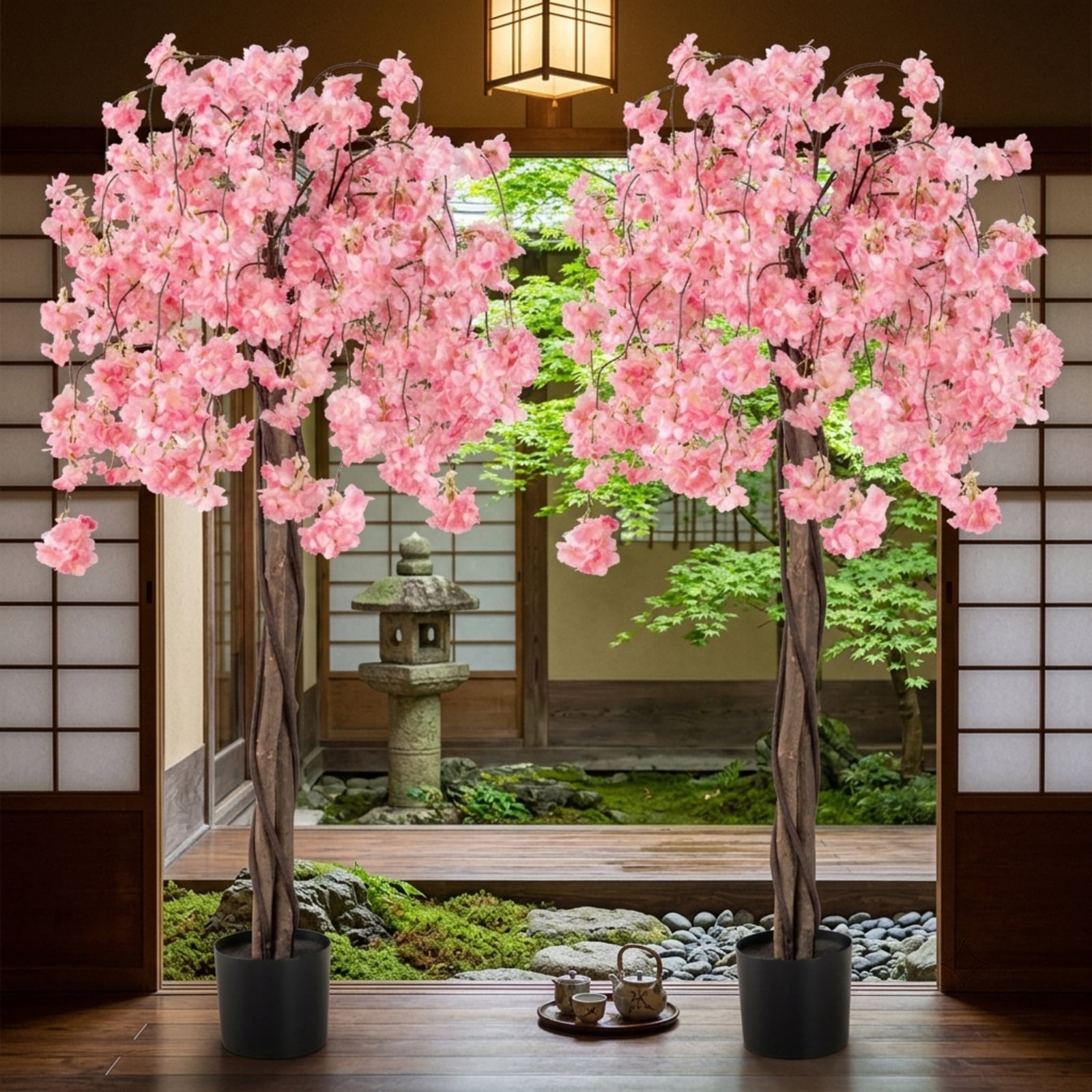 Vebreda Artificial Plant Decor, 5.5 FT Tall Artificial Cherry Blossom Tree with Pink/White Flowers 2 Pack, Realistic and Charming Appearance