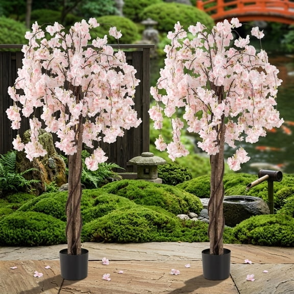 Vebreda Artificial Plant Decor, 5.5 FT Tall Artificial Cherry Blossom Tree with Pink/White Flowers 2 Pack, Realistic and Charming Appearance