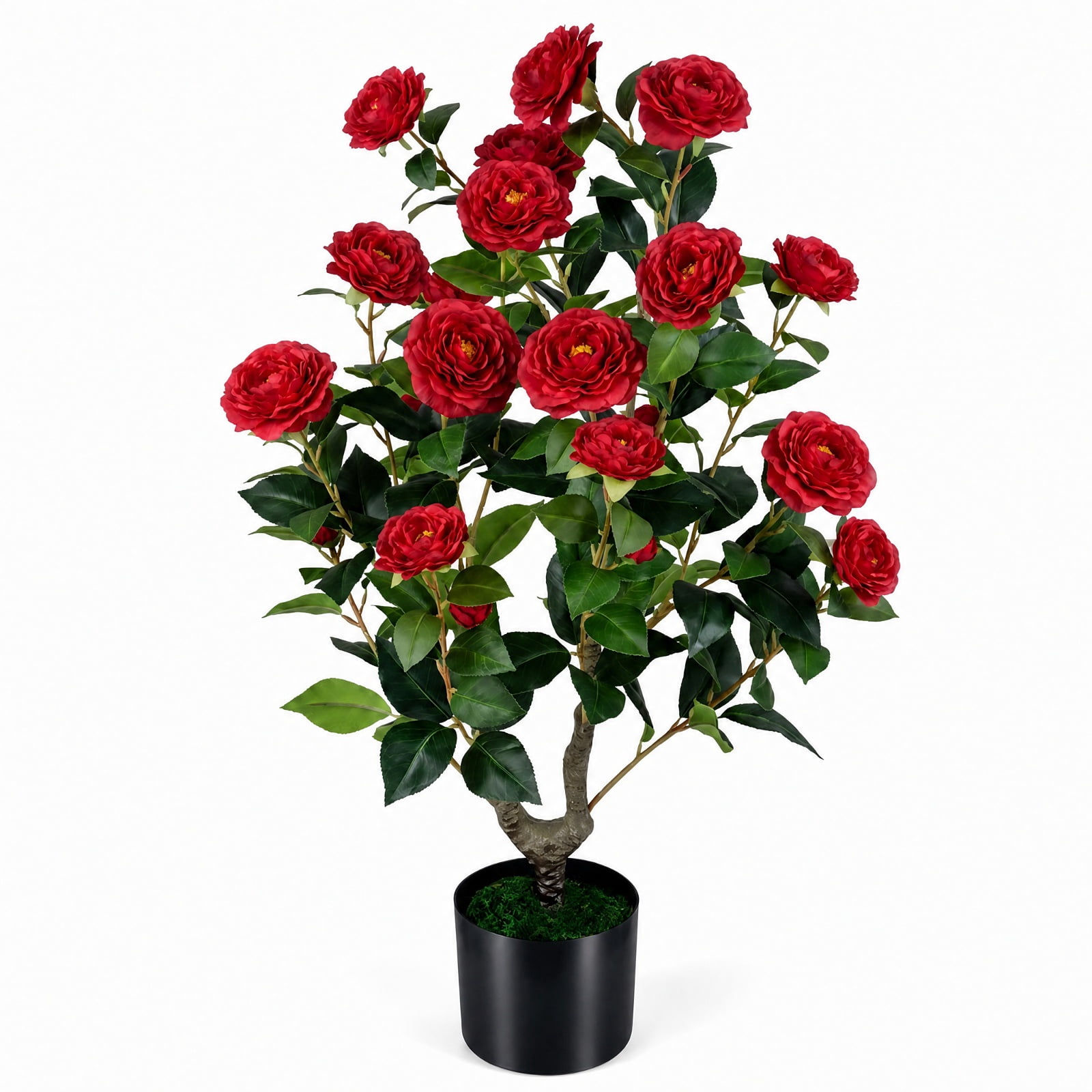 Vebreda Artificial Plant Decor, Artificial Camellia Tree Faux Flower Plant in Cement-Filled Pot, Lifelike & Elegant Design, Selected PE Materials