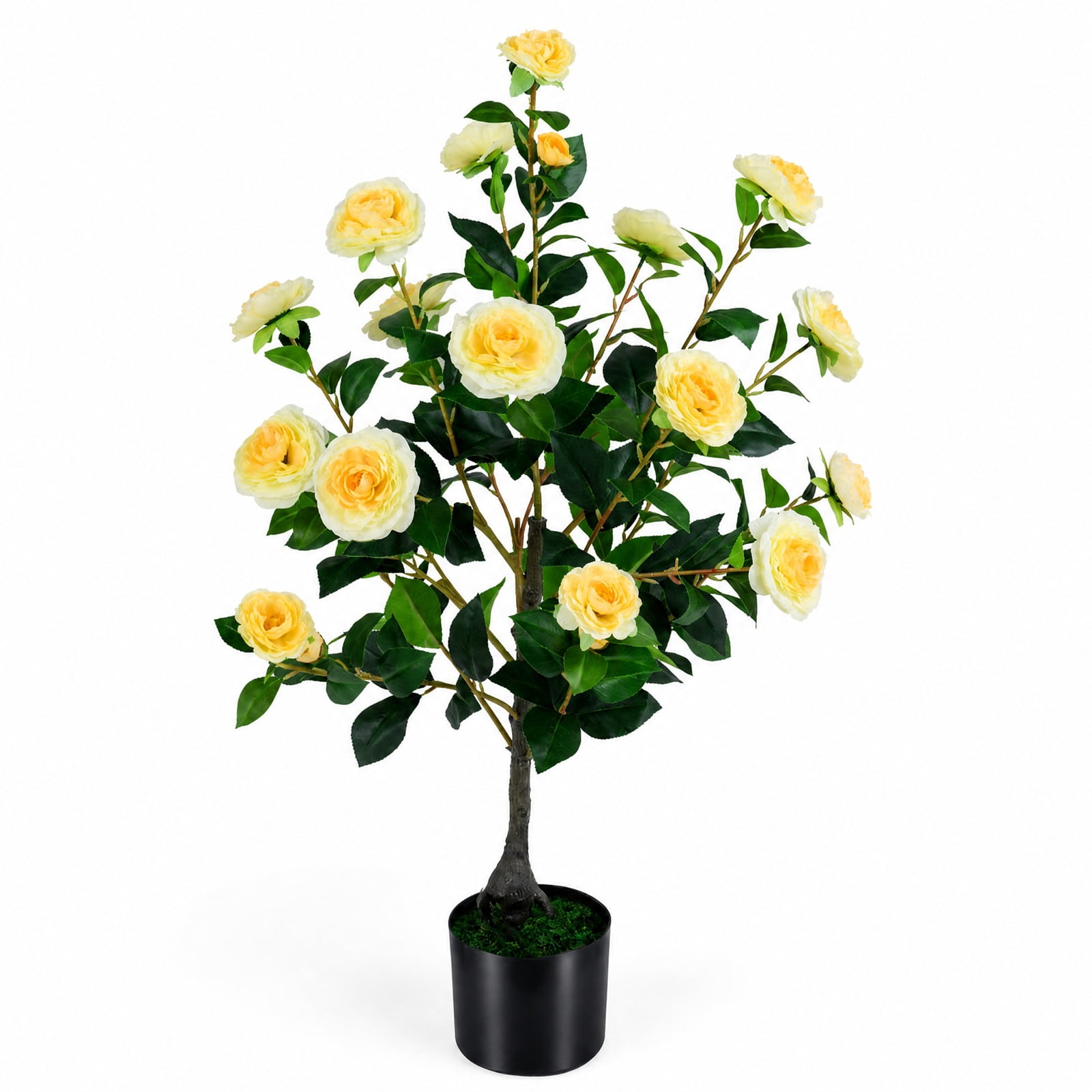 Vebreda Artificial Plant Decor, Artificial Camellia Tree Faux Flower Plant in Cement-Filled Pot, Lifelike & Elegant Design, Selected PE Materials