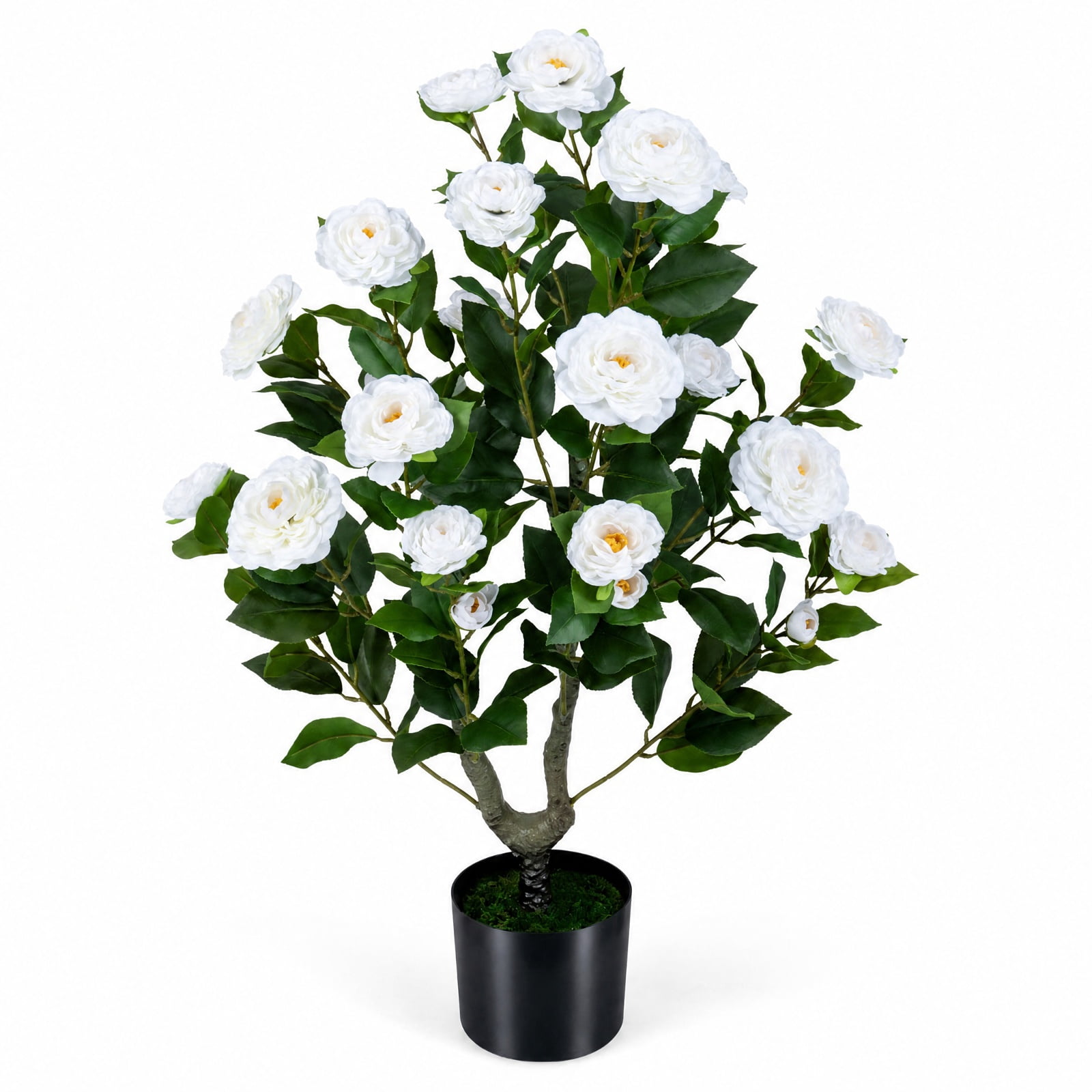 Vebreda Artificial Plant Decor, Artificial Camellia Tree Faux Flower Plant in Cement-Filled Pot, Lifelike & Elegant Design, Selected PE Materials