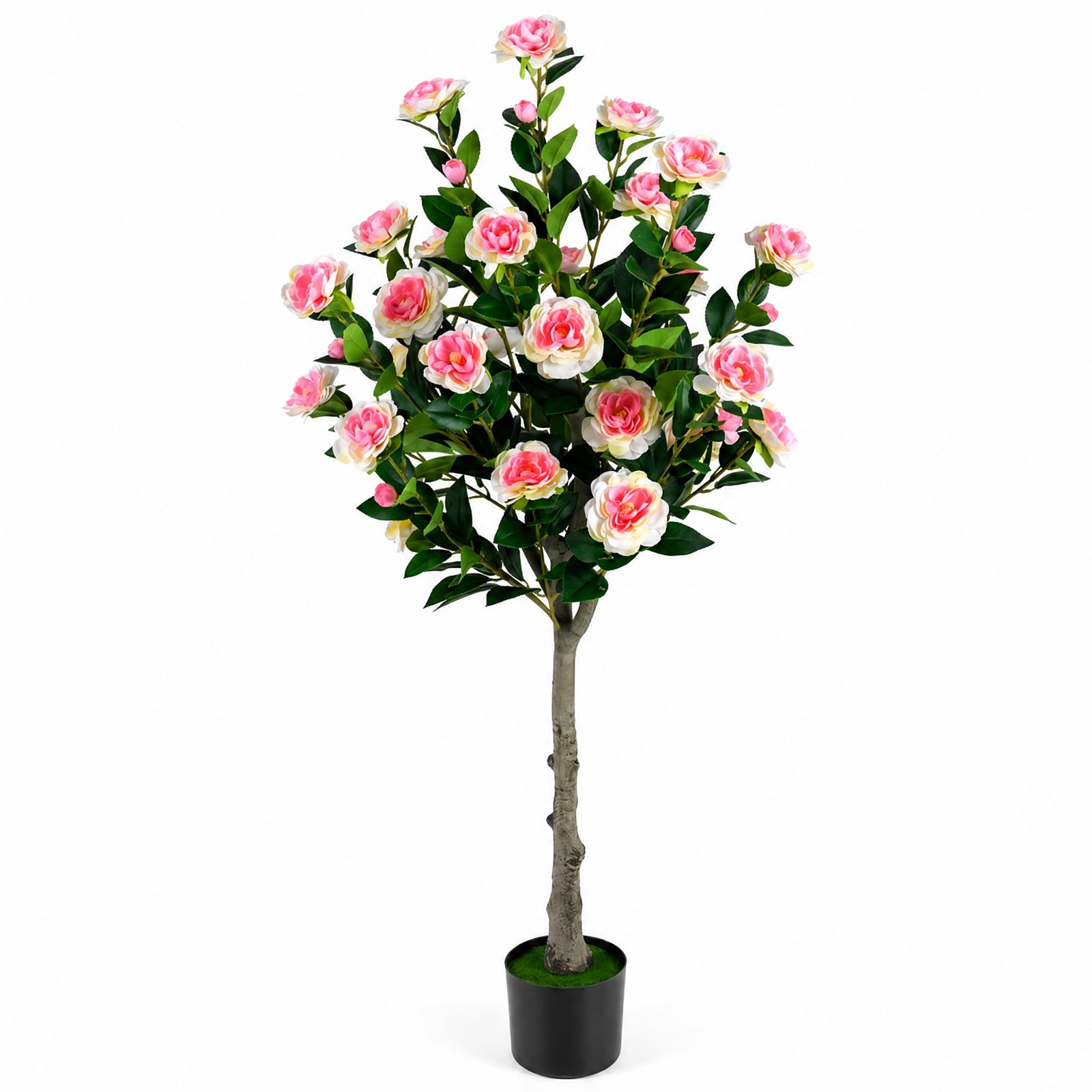 Vebreda Artificial Plant Decor, Artificial Camellia Tree with 27 Blossoms in Cement Pot for Home, Realistic Floral Details, Built to Last