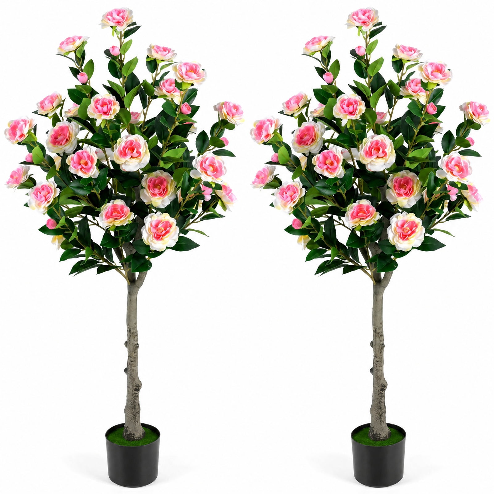 Vebreda Artificial Plant Decor, Artificial Camellia Tree with 27 Blossoms in Cement Pot for Home, Realistic Floral Details, Built to Last