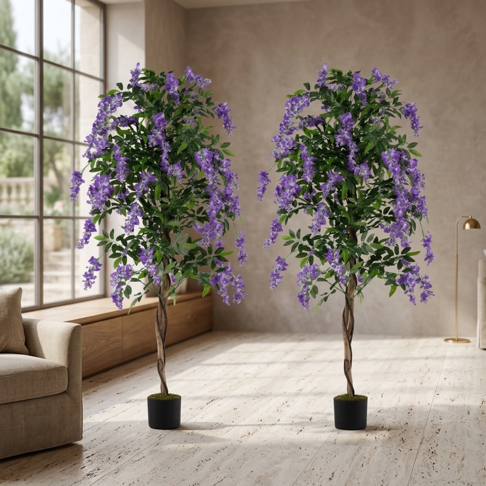 Vebreda Artificial Plant Decor, Set of 1/2 Fake Ficus Plant 6 FT Artificial Wisteria Tree with Natural Trunks and Purple Lifelike Flowers