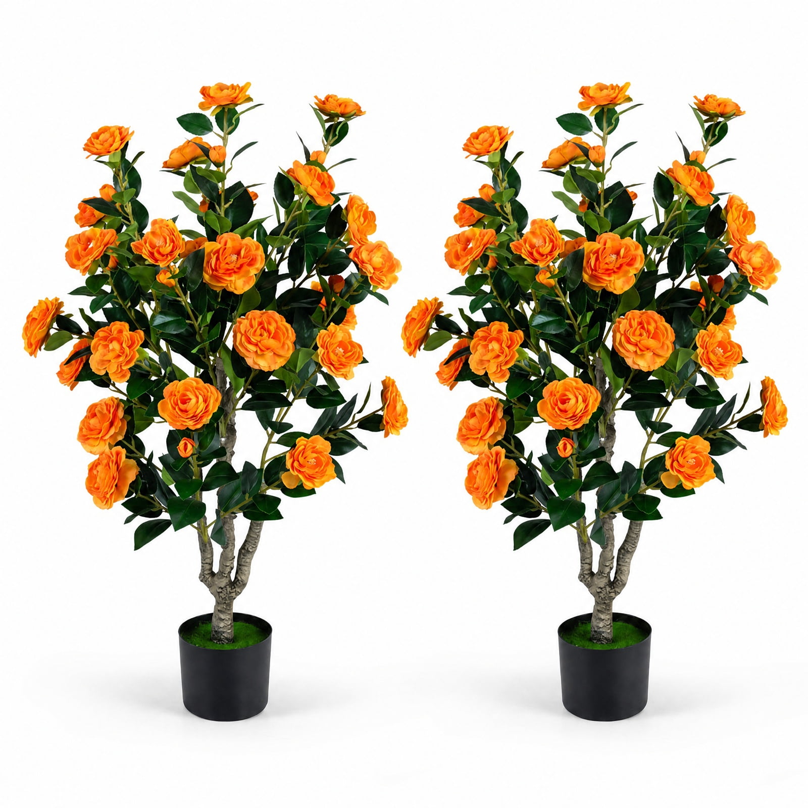 Vebreda Artificial Plant Decor, Set of 2 39.5" Artificial Camellia Tree with Orange Blossoms in Cement Pot for Decoration, Selected Materials