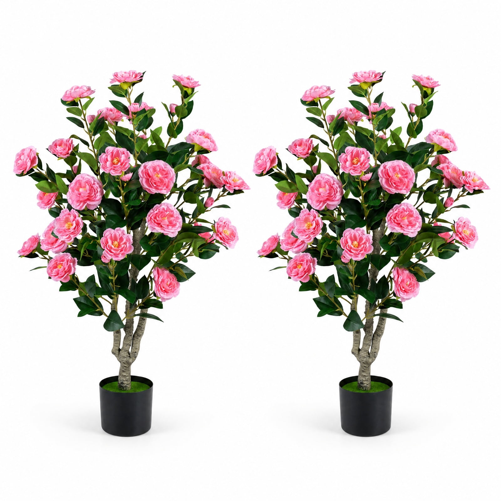 Vebreda Artificial Plant Decor, Set of 2 39.5" Artificial Camellia Tree with Orange Blossoms in Cement Pot for Decoration, Selected Materials
