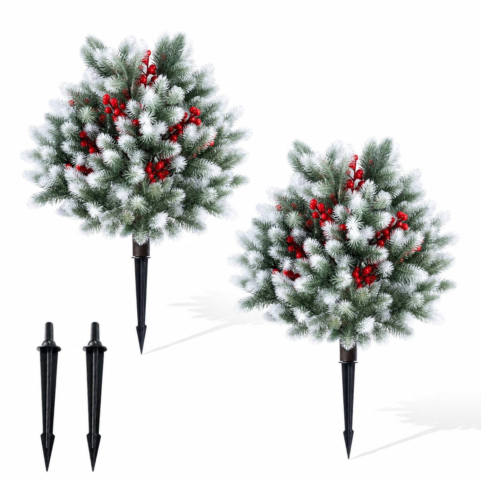 Vebreda Artificial Plant Decor, Set of 2 Artificial Cedar Topiary with Ground Spikes for Porch Patio Winter Decoration, Exquisite Craftsmanship