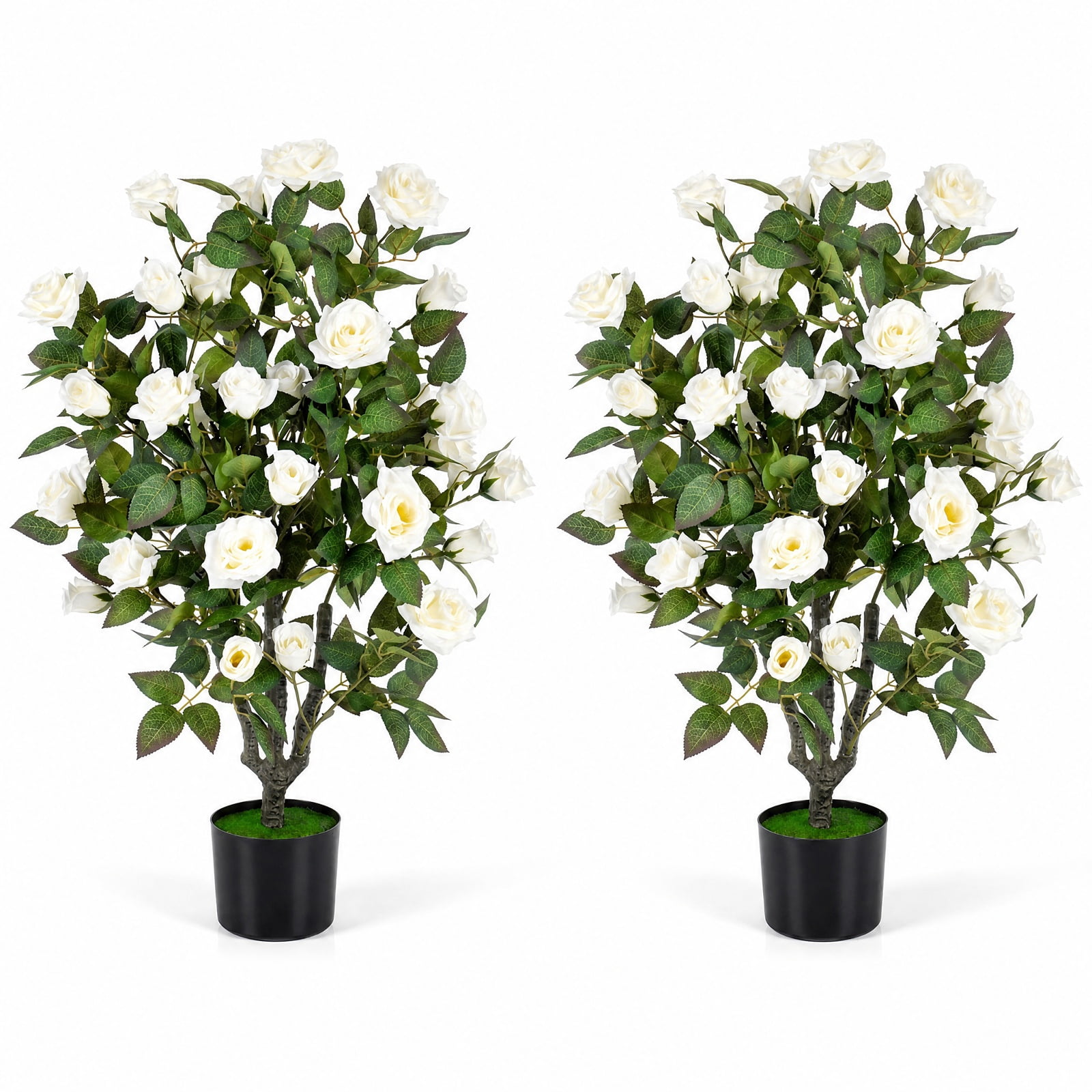 Vebreda Artificial Plant Decor, Set of 2 Artificial Rose Tree with Blooming Flowers and Green Leaves for Indoor, Beautiful & Lifelike Rose Tree