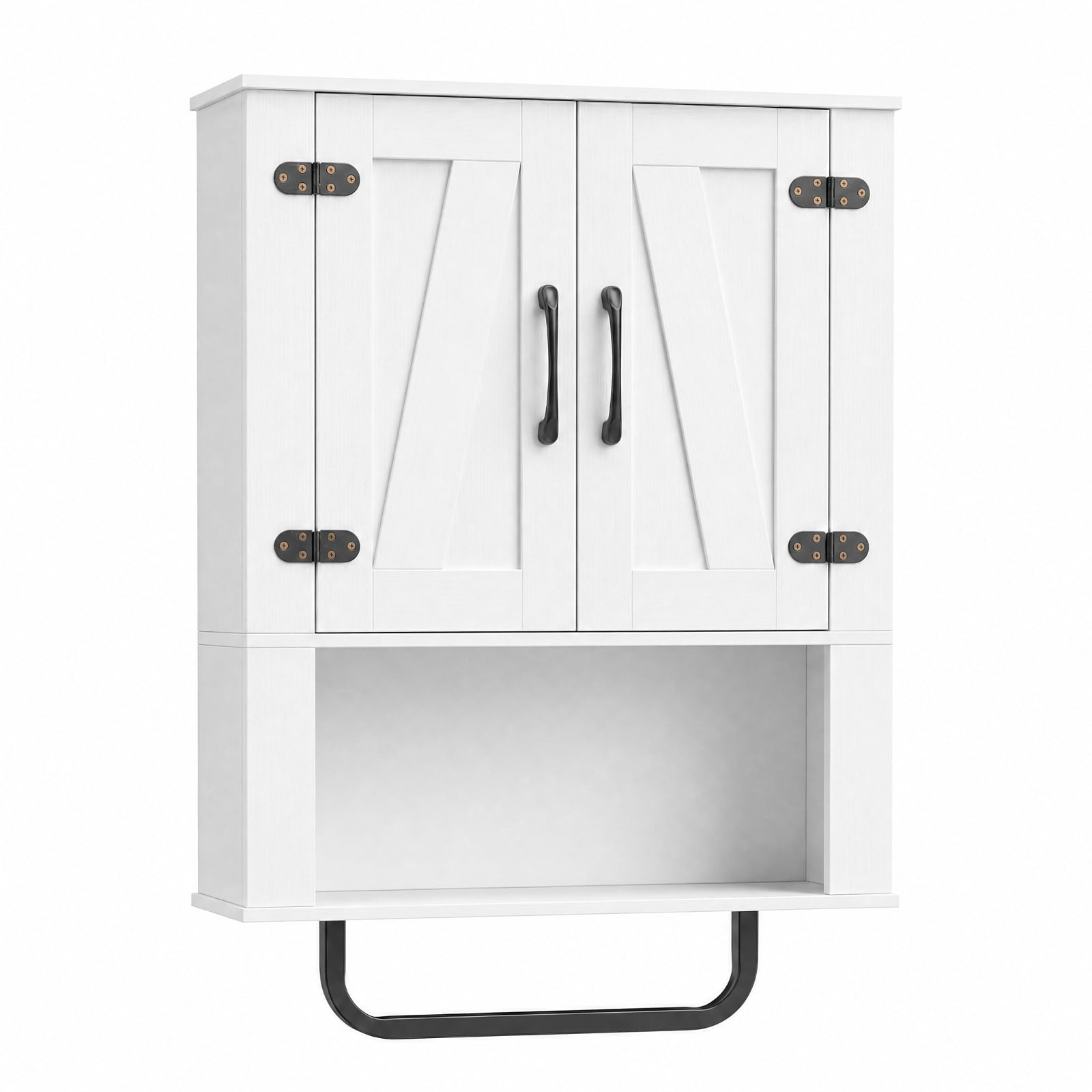 Vebreda Bathroom Wall Cabinet with 2 Sliding Barn Doors & Towel Bar, 3-Tier Farmhouse Wall-Mounted Storage Organizer with Open Shelves, White