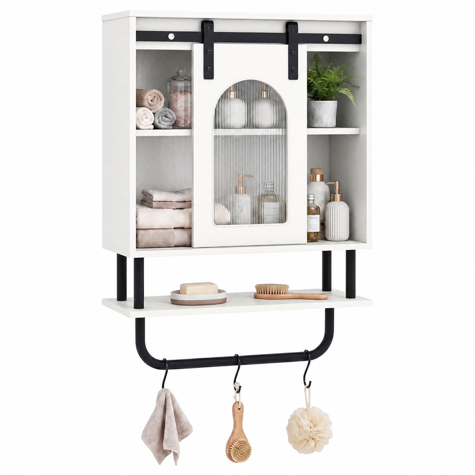 Vebreda Bathroom Wall Cabinet with Sliding Barn Door and Metal Hanging Bar with 3 Hooks, Stylish Farmhouse/Industrial Charm, Secure Wall Mounting