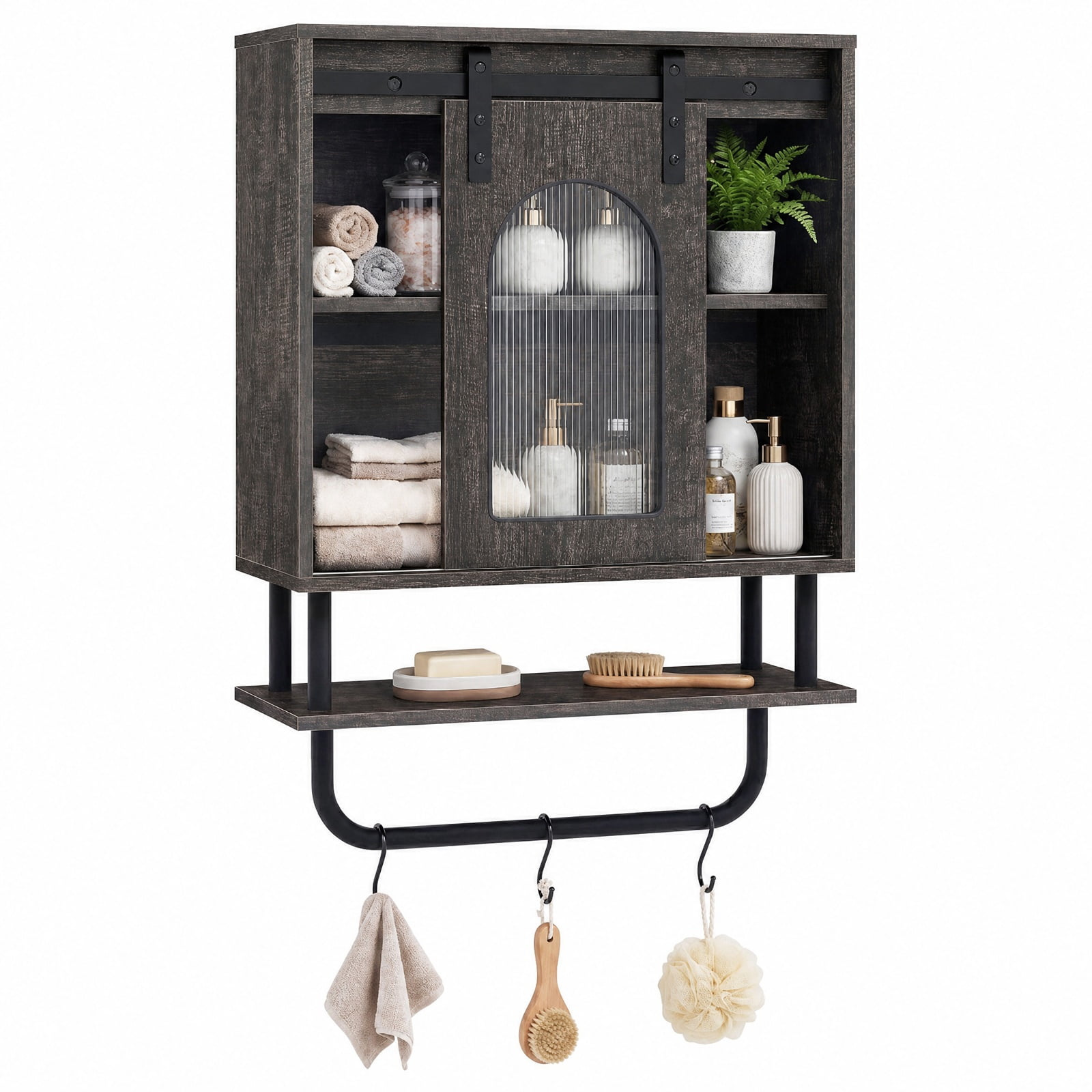 Vebreda Bathroom Wall Cabinet with Sliding Barn Door and Metal Hanging Bar with 3 Hooks, Stylish Farmhouse/Industrial Charm, Secure Wall Mounting