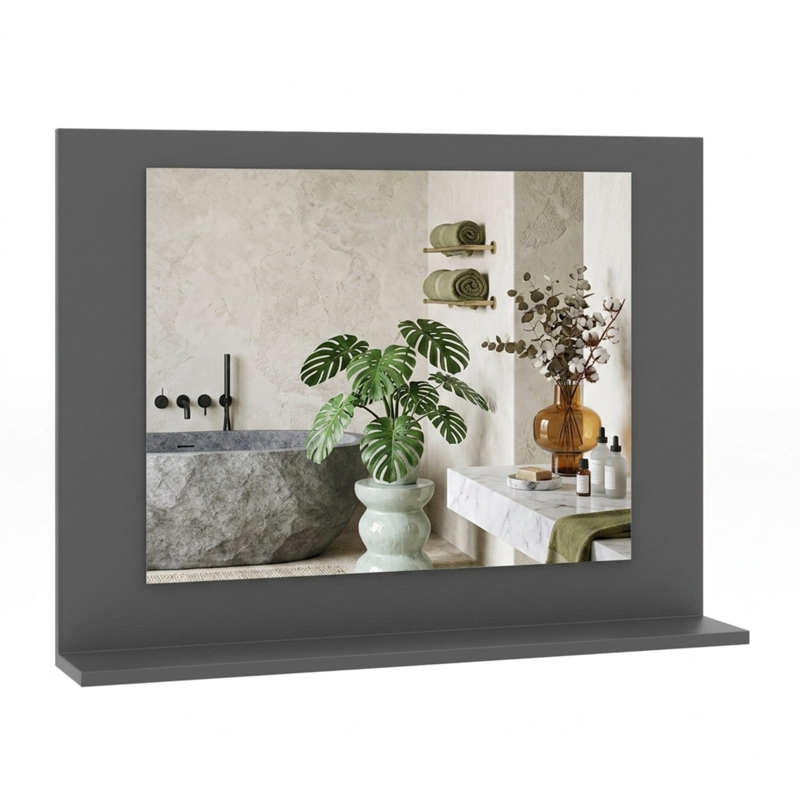 Vebreda Bathroom Wall Mirror, Rectangle Bathroom Mirror with Shelf 23.5 x 17.5 Inch and Wood Frame, Functional Design, Crystal-Clear Reflection