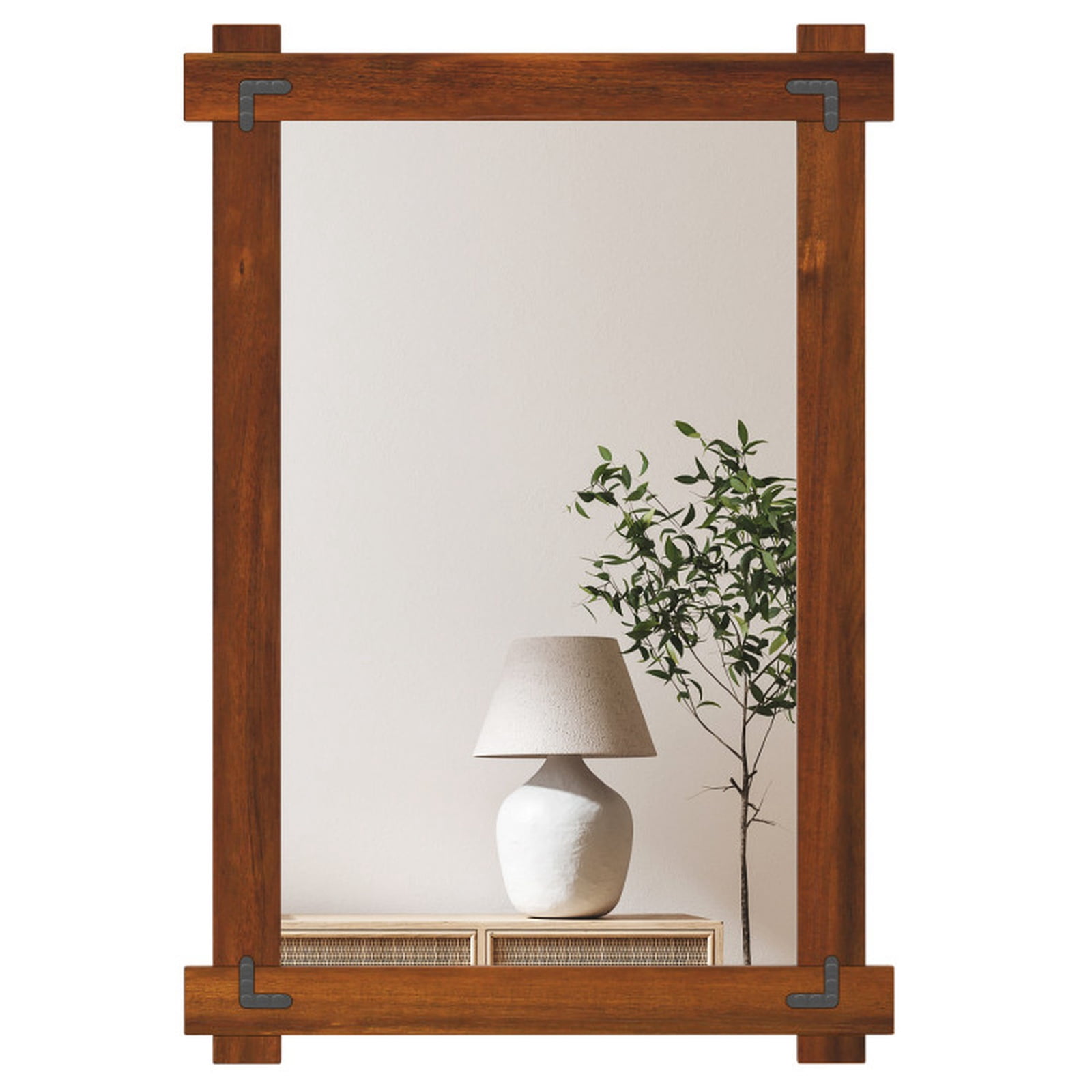 Vebreda Bathroom Wall Mirror, Wood Framed Mirror with Acacia Wood Frame and Vintage Rivet Design Brown, Ample Storage, Zero Clutter