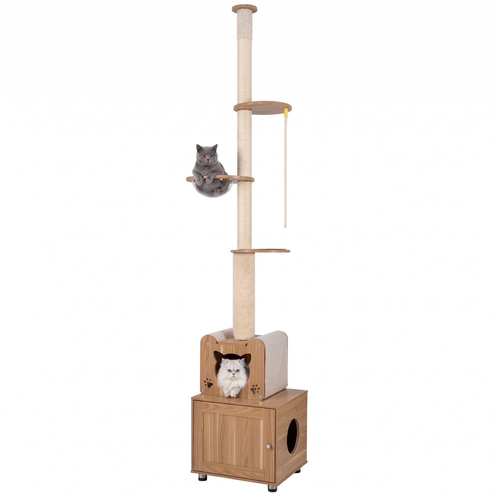 Vebreda Floor-to-Ceiling Cat Tree with Hidden Litter Box Enclosure, Adjustable Cat Tower with Condo, Sisal Scratching Posts, 101-108.5 Inch, Brown