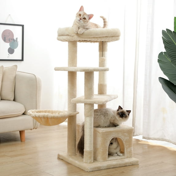 Vebreda Cat Tree for Indoor Cats, 42 Inches Multi-Level Cat Tower with Sisal Covered Scratching Posts, Spacious Condo, Cozy Hammock and Plush Top Perch,Beige