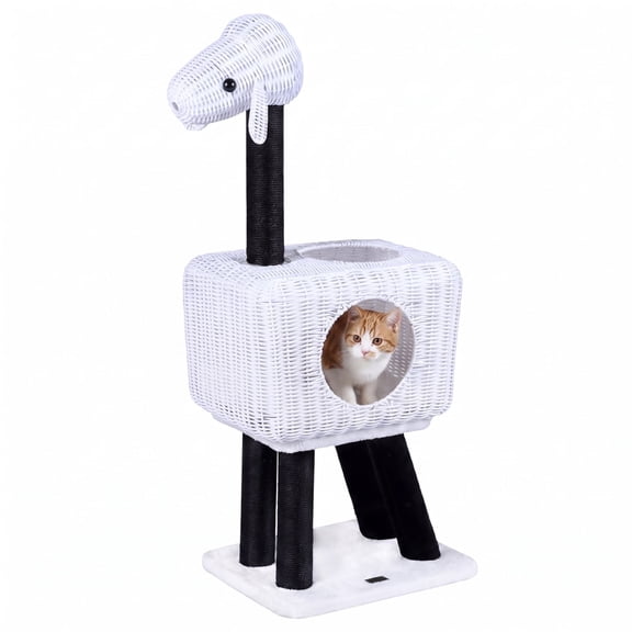 Vebreda Cat Tree for Indoor Cats, 43-Inch Lamb-Shaped Cat Tower with 2-Door Rattan Condo for Indoor Kittens, Roomy Cat Condo, Lamb-Shaped Design