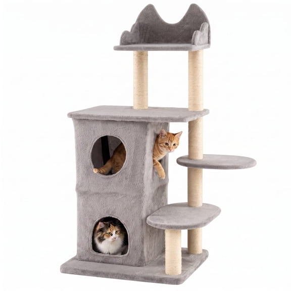 Vebreda Cat Tree for Indoor Cats, 48.5 inch Cat Tree with 2-story Condo and 3 Hideaway Caves for Large Cats, 2-storey Cat Retreat