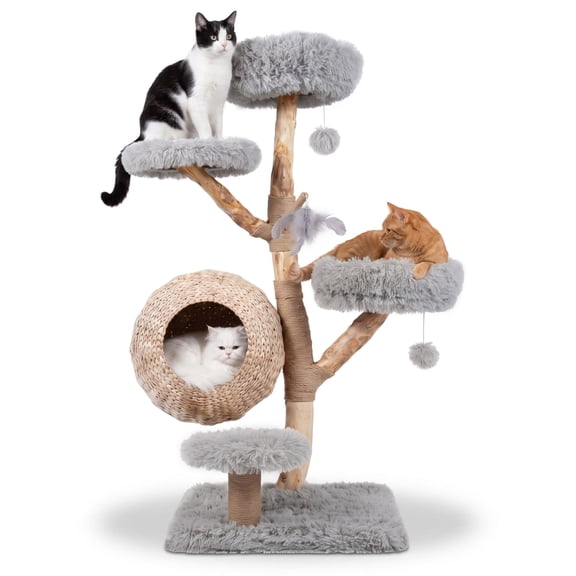 Vebreda Cat Tree for Indoor Cats, 5-Tier Wooden Cat Tree with Woven Condo, Multi-Level Activity Layout, Comfortable Condo & Beds