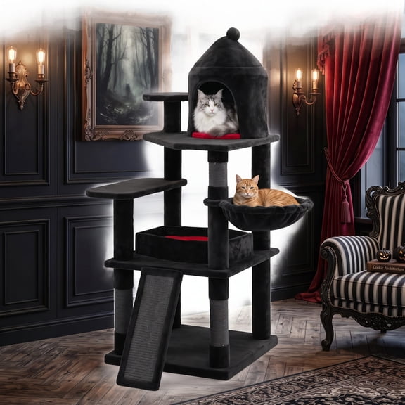Vebreda Cat Tree for Indoor Cats, 50 Inch Gothic Multi-level Cat Tree with House for Indoor Cats, Unleash Mysterious Ambience, cat tower