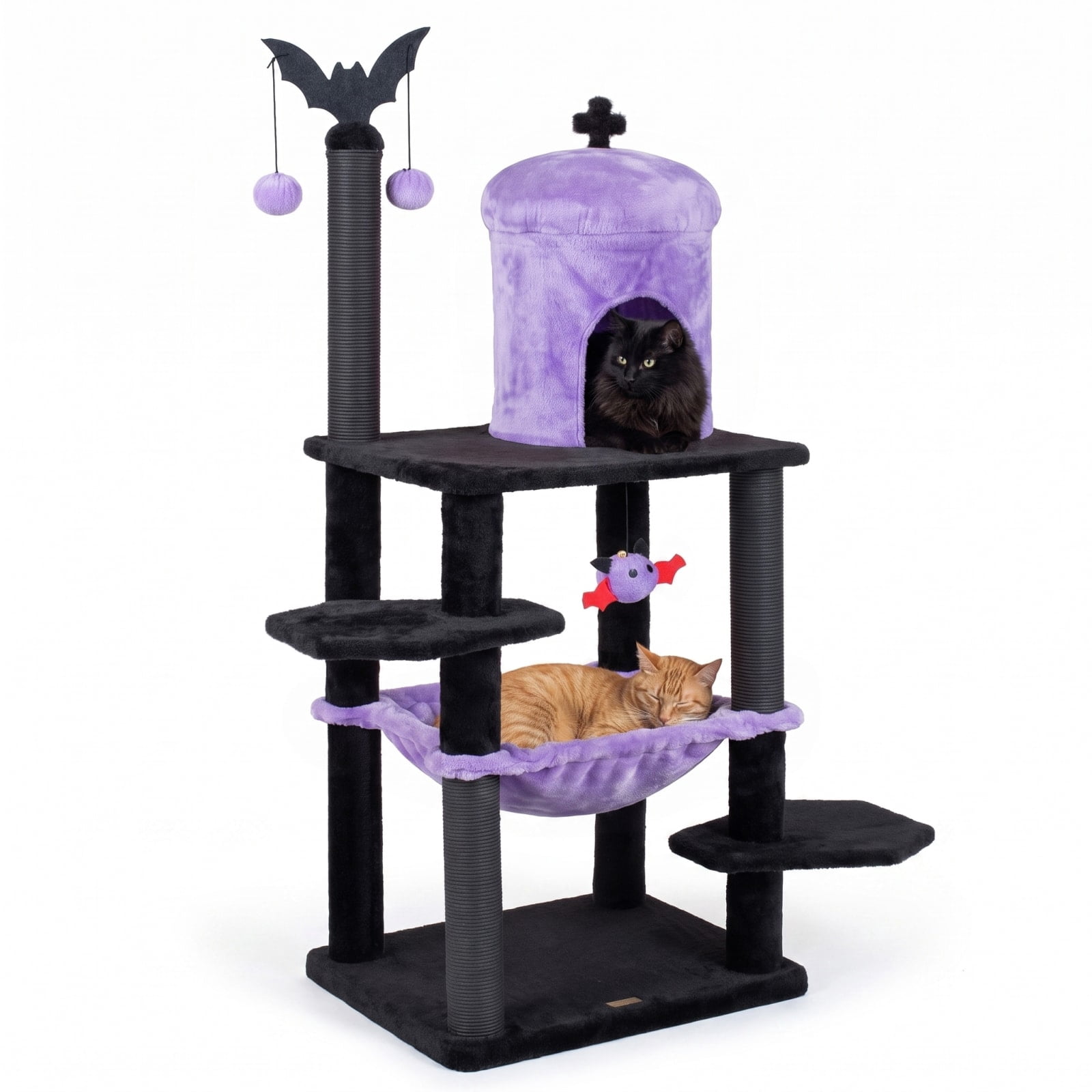 Vebreda Gothic Cat Tree for Indoor Cats, 51 in Multi-Level Cat Tower with Condo, Hammock, 2 Perches, Scratching Posts and Spider Toys, Purple