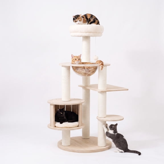 Vebreda Cat Tree for Indoor Cats, 52 Inches Tall Wooden Cat Tree with Washable Plush Cushions and Multi-Level Climbing Stand, cat tower