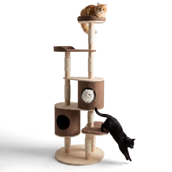 Vebreda Cat Tree for Indoor Cats, 6-Tier Wooden Cat Tree with 2 Removeable Condos Platforms and Perch, Comfy Perch and Removable Design