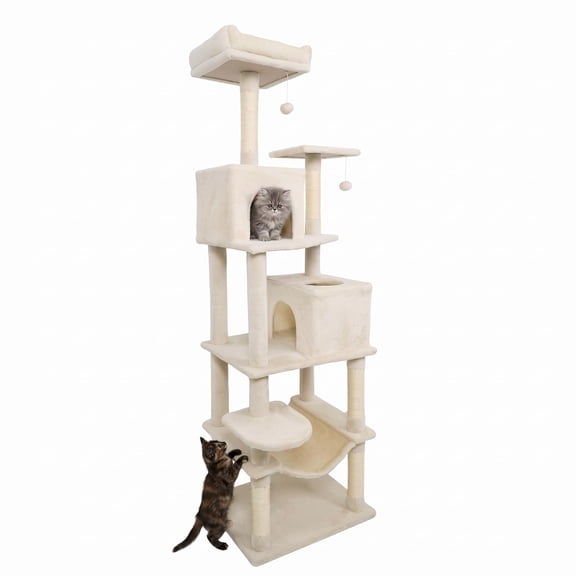Vebreda Cat Tree for Indoor Cats, Multi-level Cat Tree Modern Cat Tower with Upholstered Perch and 2 Cat Condo, 2 Comfy Cat Condos