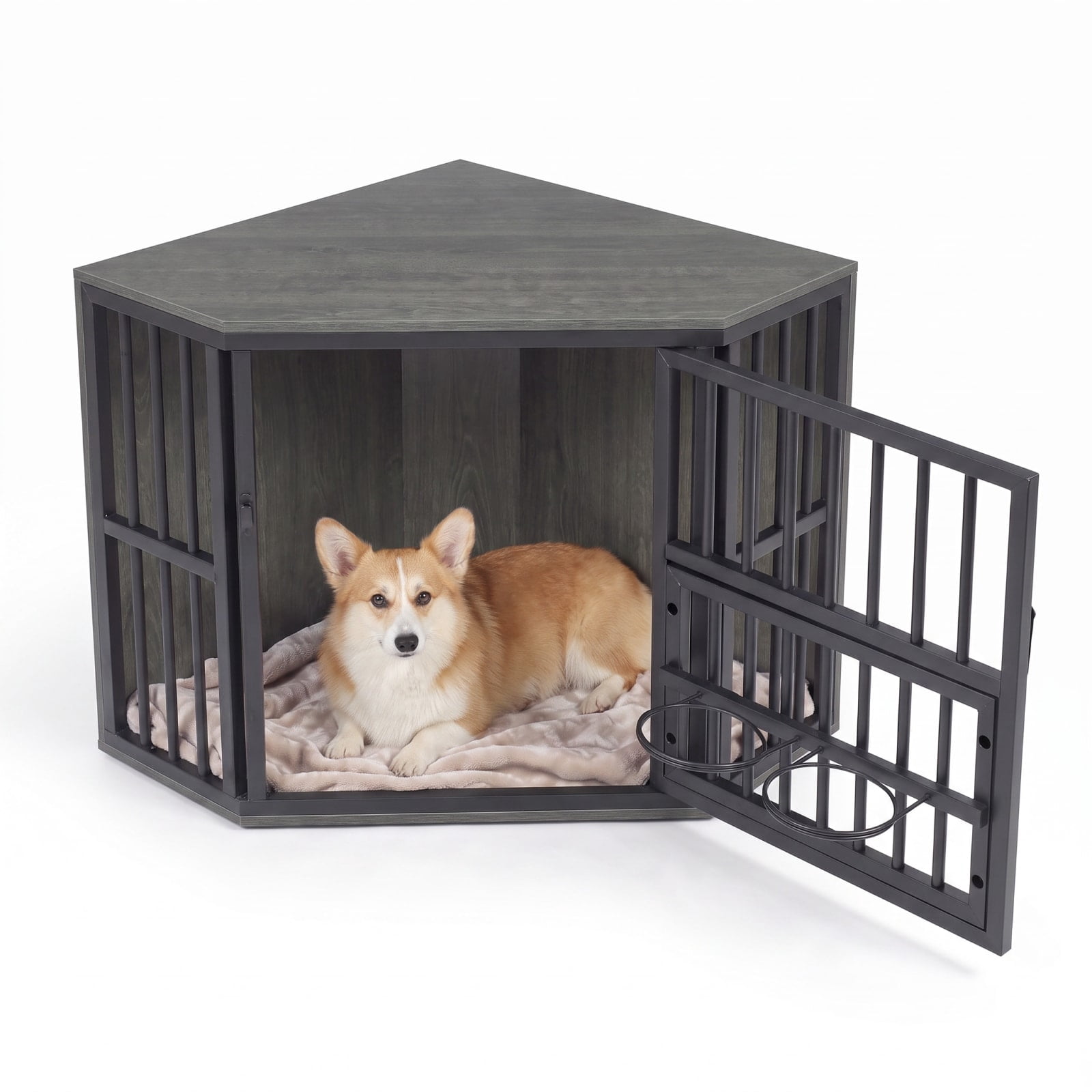 Vebreda Dog Crate Furniture, 35.5 inches Wooden Dog Kennel End Table with 3-Position Dog Bowl Rack, Space-Fit Corner Shape Design