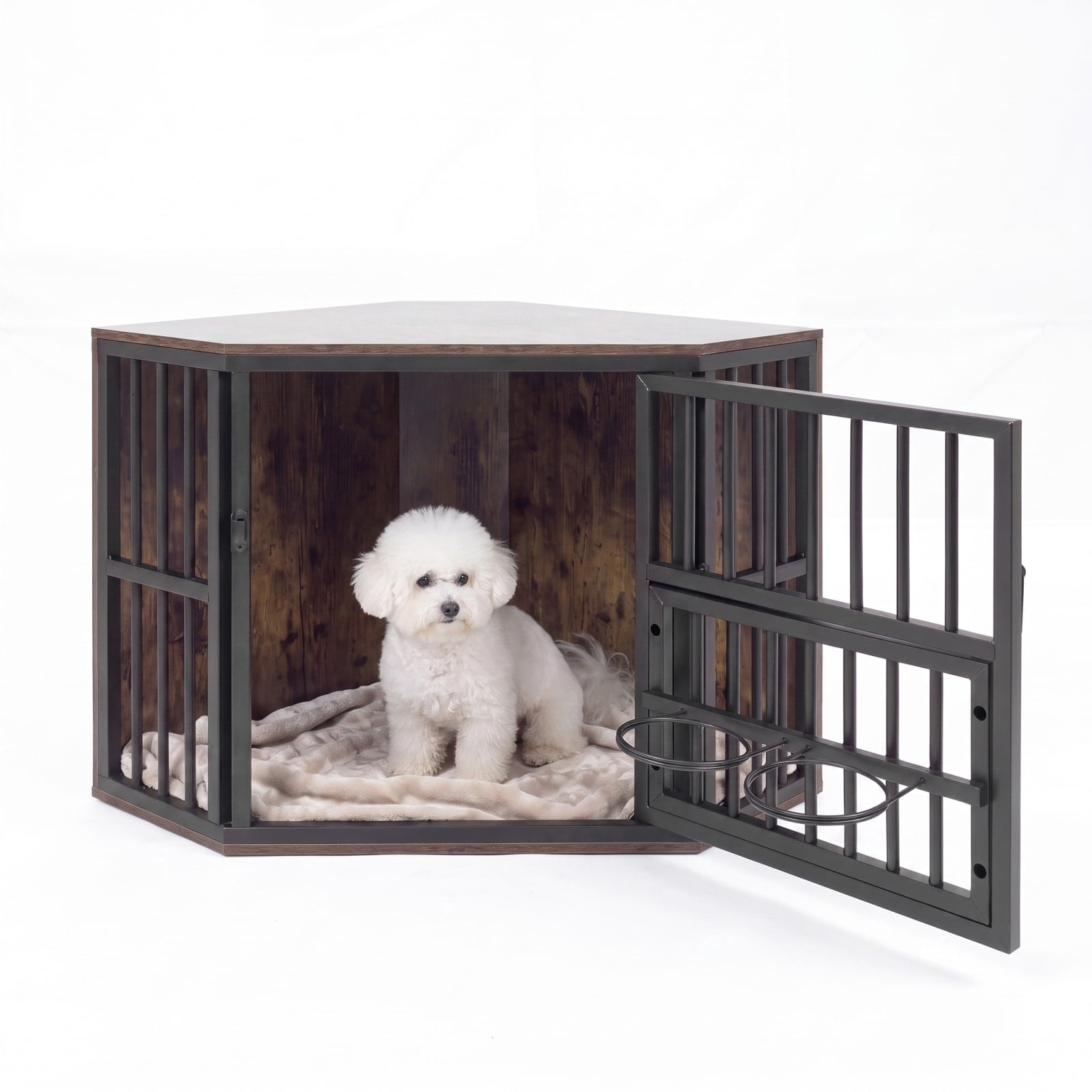Vebreda Dog Crate Furniture, 35.5 inches Wooden Dog Kennel End Table with 3-Position Dog Bowl Rack, Space-Fit Corner Shape Design
