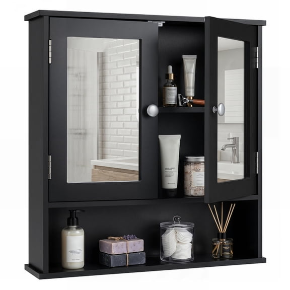 Vebreda Double Door Wall Mounted Bathroom Mirror Cabinet with Storage Shelf and Adjustable Shelf for Bathroom Entryway Organizer, Black