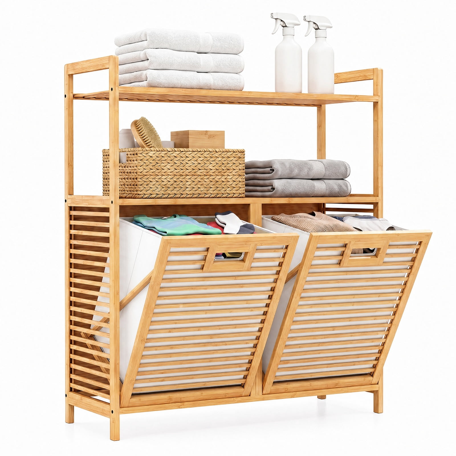 Vebreda Laundry Hamper with 2 Removable 7-Gallon Baskets, Double Tilt-Out Laundry Hamper Cabinet with 2 Open Shelves, Natural Bamboo