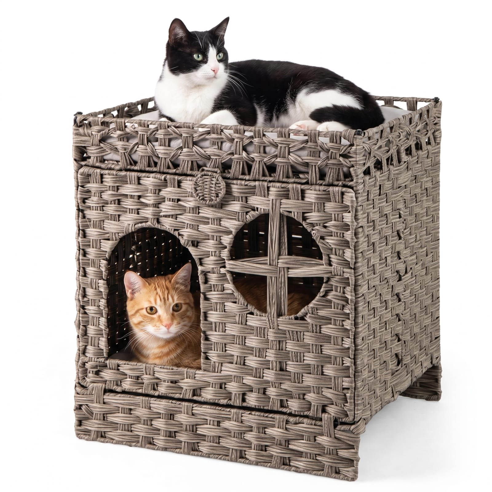 Vebreda Foldable 2-tier Rattan Cat Litter Box Enclosure with Litter Mat, Included Cat Litter Mat, Reduced Smell, More Privacy