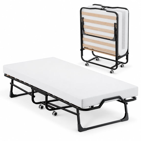Vebreda Folding Bed with Mattress for Adults, Cot Size Rollaway Bed, Portable Foldable Bed with Mattress & Metal Frame for Easy Storage, 75"x 31"