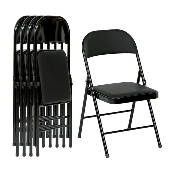 Vebreda Folding Chair Vinyl Padded Seat Metal Frame Home Office, Black, 4 pack