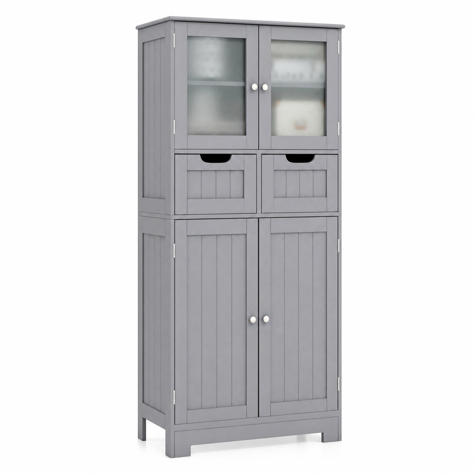 Vebreda Freestanding Bathroom Storage Cabinet, 4 Door Freestanding Bathroom Floor Storage Cabinet with 2 Drawers and Glass Doors