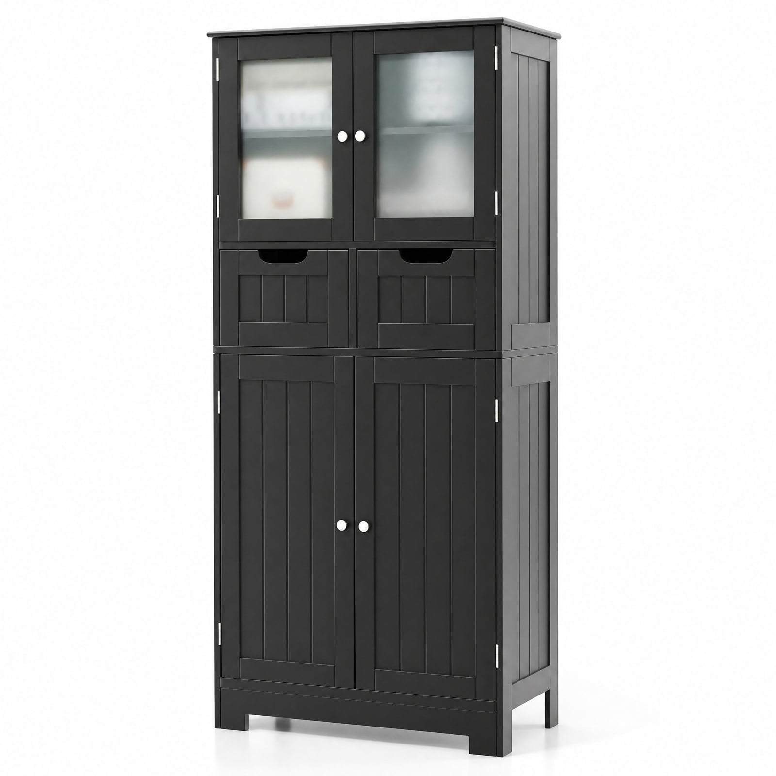 Vebreda Freestanding Bathroom Storage Cabinet, 4 Door Freestanding Bathroom Floor Storage Cabinet with 2 Drawers and Glass Doors