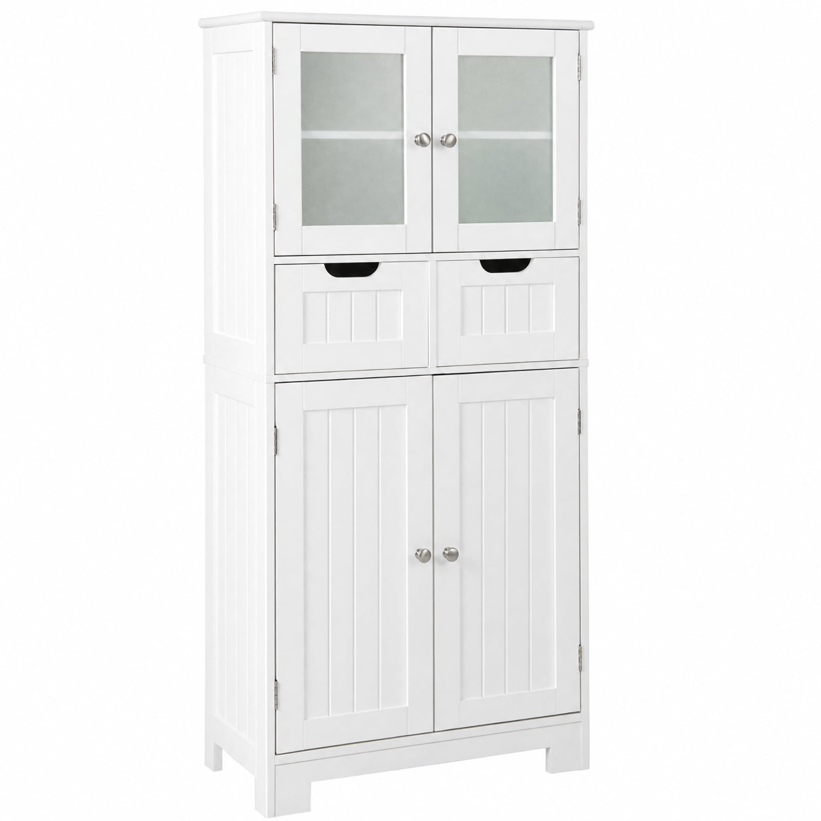 Vebreda Freestanding Bathroom Storage Cabinet, 4 Door Freestanding Bathroom Floor Storage Cabinet with 2 Drawers and Glass Doors