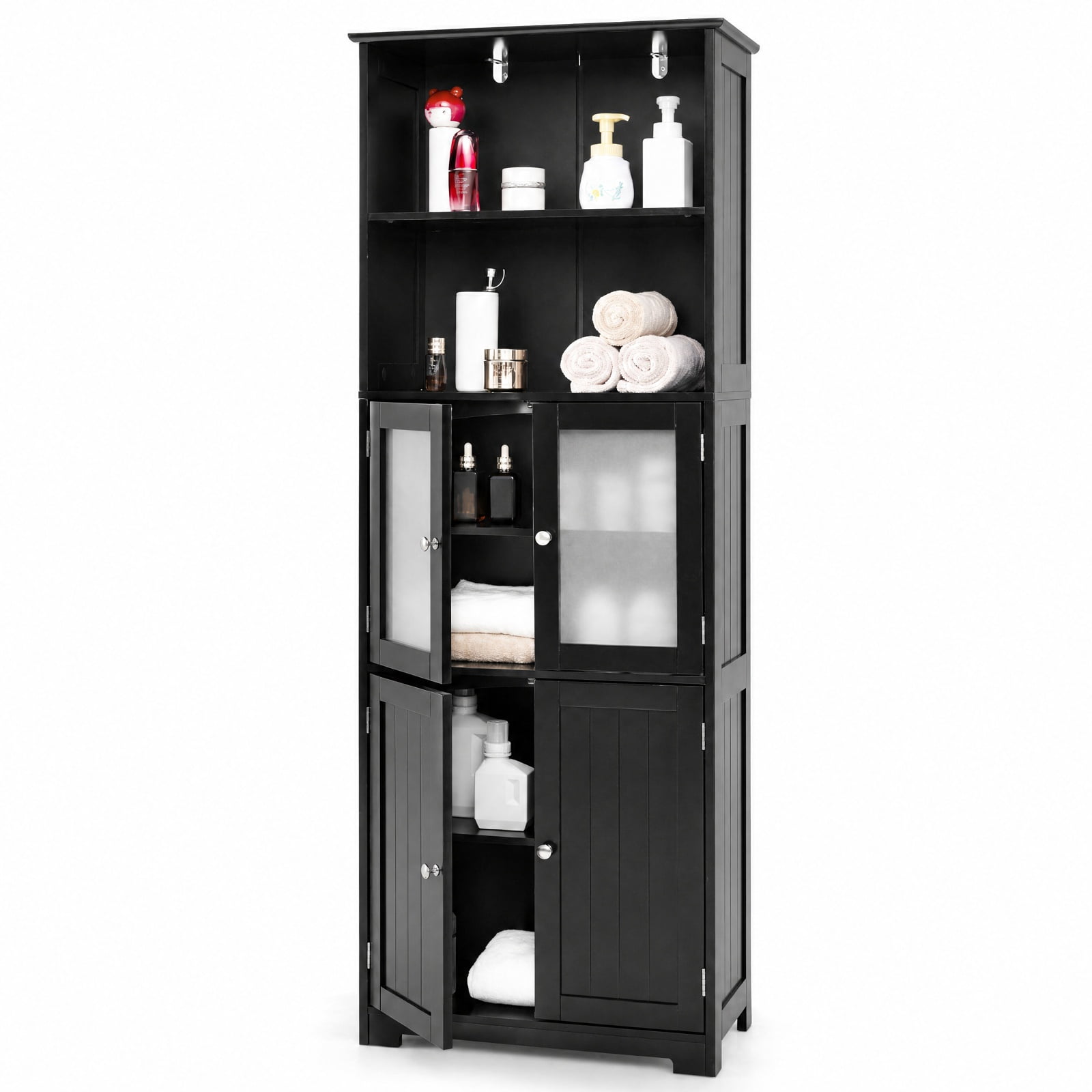 Vebreda Freestanding Bathroom Storage Cabinet, 6-Tier Freestanding Bathroom Cabinet with 2 Open Compartments and Adjustable Shelves