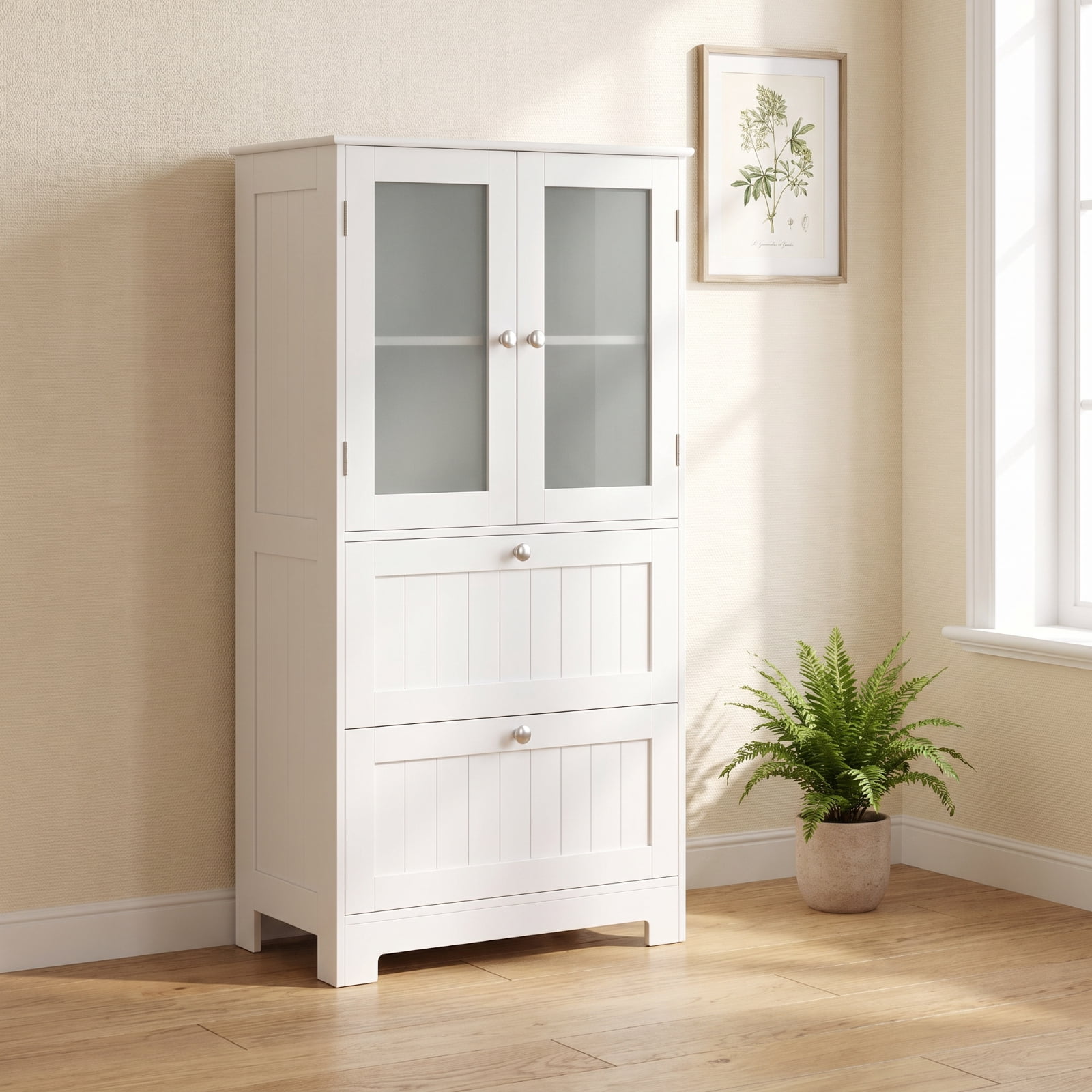 Vebreda Freestanding Bathroom Storage Cabinet, Bathroom Floor Storage Cabinet Freestanding Cupboard Pantry with 2 Drawers and 2 Frosted Glass