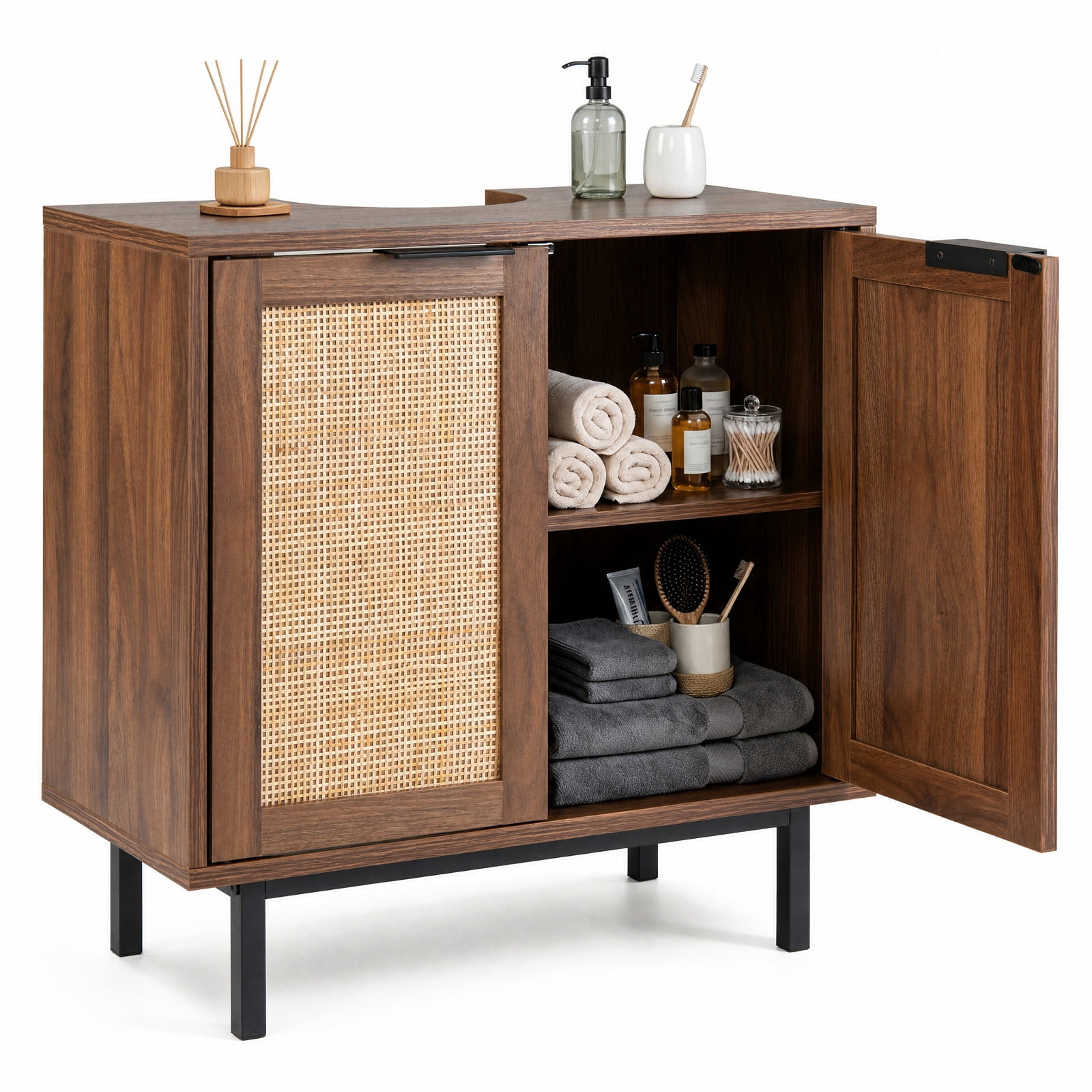 Vebreda Freestanding Bathroom Storage Cabinet, Bathroom Vanity Cabinet with U-Shaped Cut-Out 2 Rattan Doors and Shelf, Hidden Sink Organizer