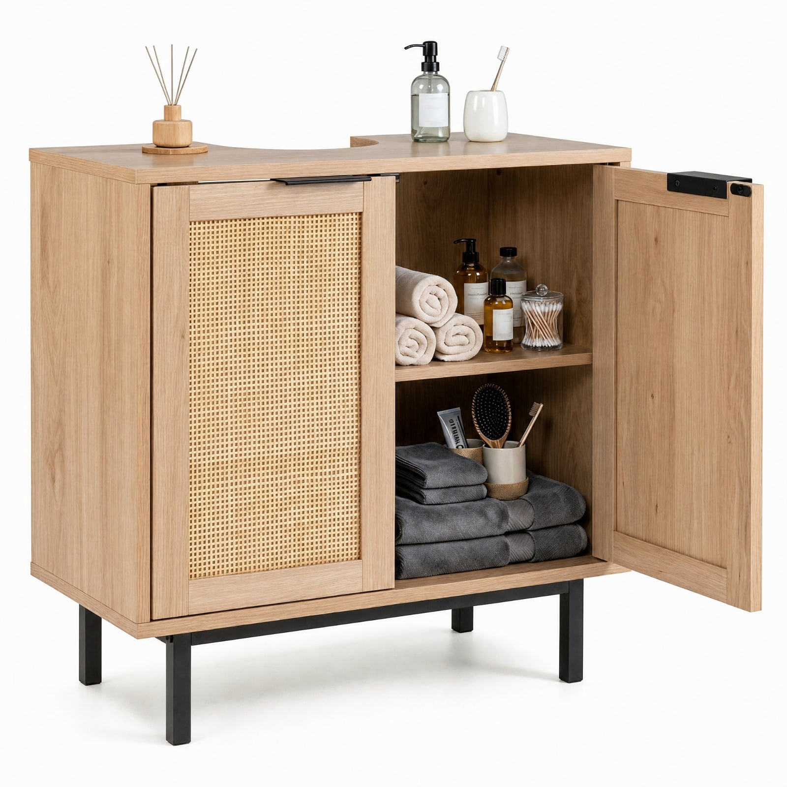 Vebreda Freestanding Bathroom Storage Cabinet, Bathroom Vanity Cabinet with U-Shaped Cut-Out 2 Rattan Doors and Shelf, Hidden Sink Organizer