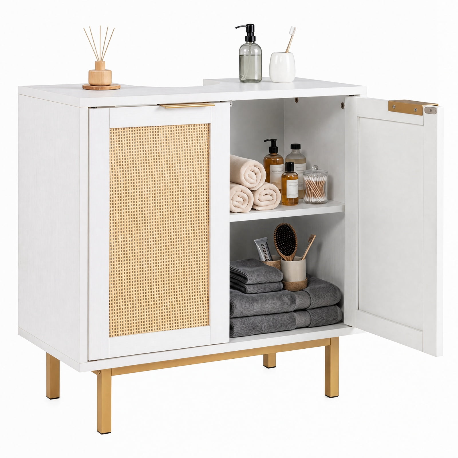 Vebreda Freestanding Bathroom Storage Cabinet, Bathroom Vanity Cabinet with U-Shaped Cut-Out 2 Rattan Doors and Shelf, Hidden Sink Organizer