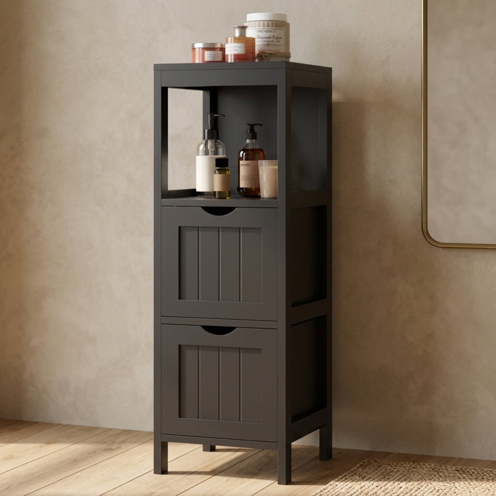 Vebreda Freestanding Bathroom Storage Cabinet, Freestanding Storage Cabinet with 2 Removable Drawers for Bathroom, Extra Anti-Toppling Mechanism