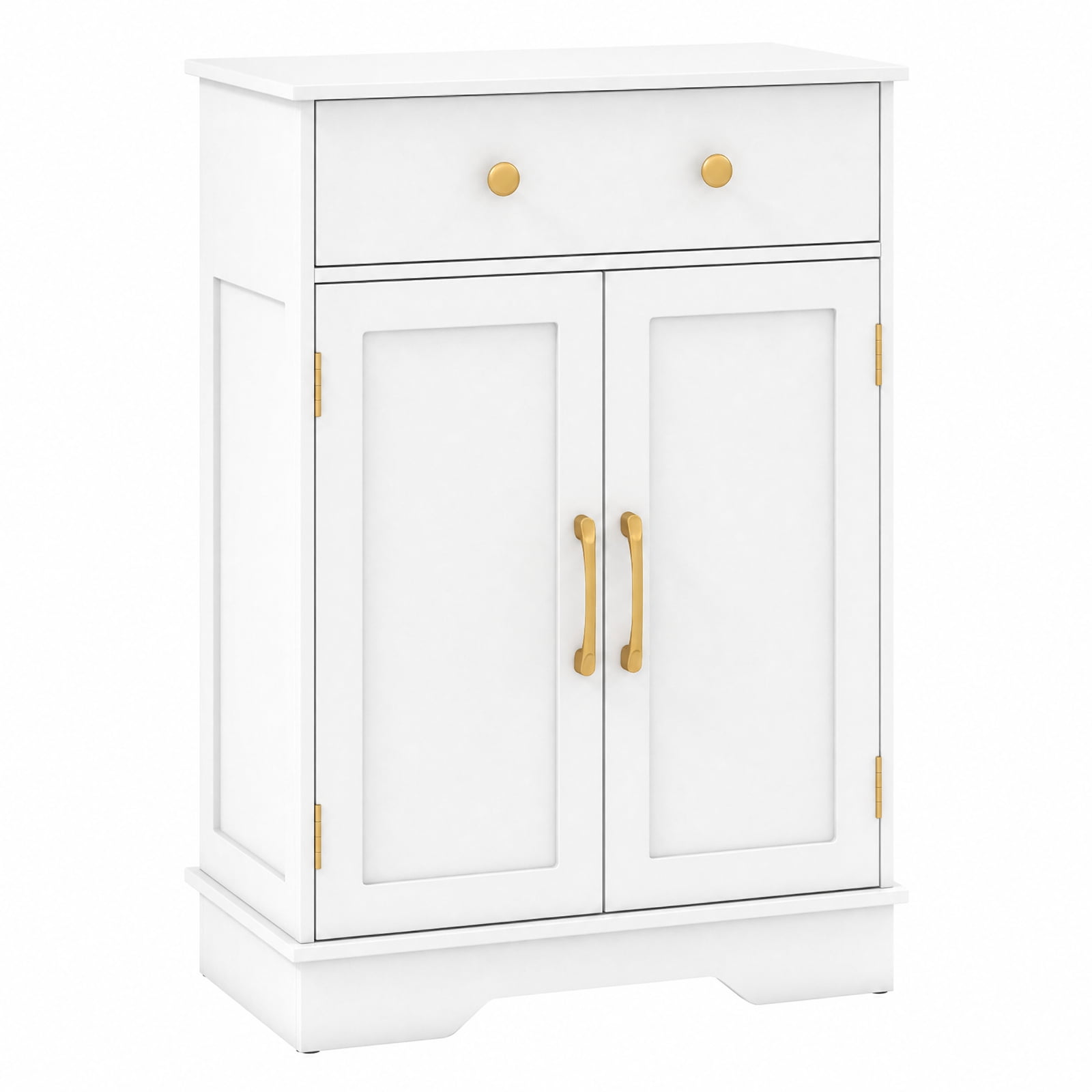 Vebreda Freestanding Floor Storage Cabinet with 2 Doors, Drawer & Adjustable Shelf, Modern Buffet Sideboard Organizer with Gold Knobs for Bathroom Living Room Dining Room, White