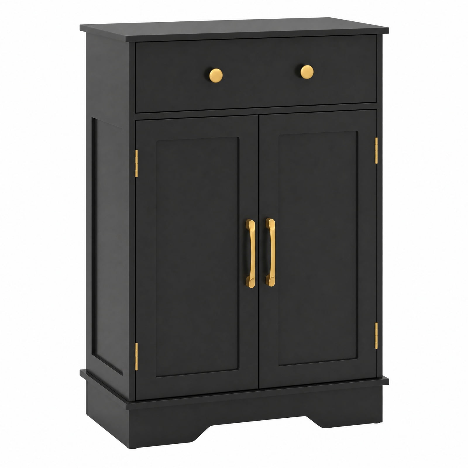 Vebreda Freestanding Floor Storage Cabinet with 2 Doors, Drawer & Adjustable Shelf, Modern Buffet Sideboard Organizer with Gold Knobs for Bathroom Living Room Dining Room, Black