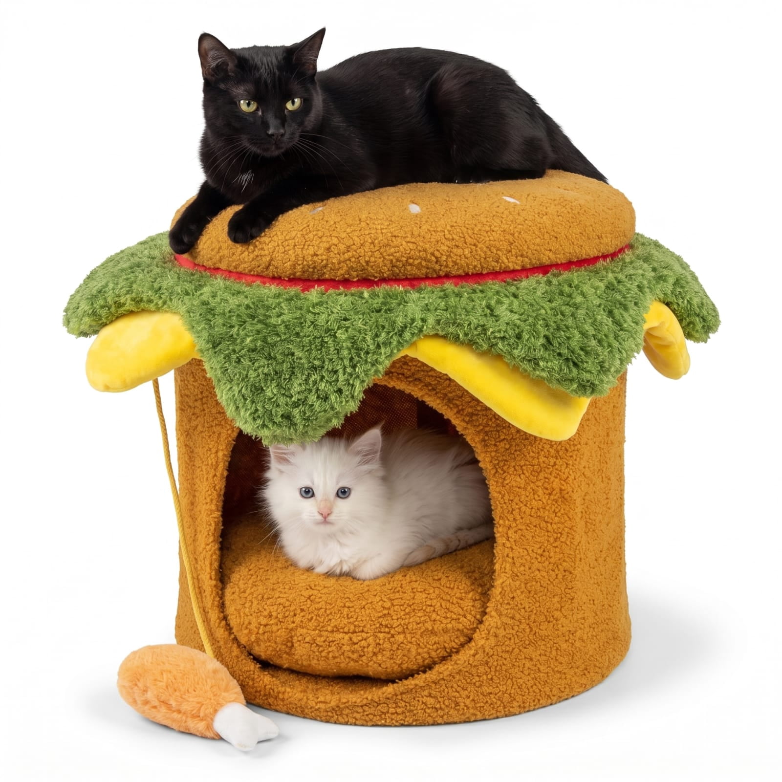 Vebreda Hamburger Cat Nest with Chicken Drumstick Toy and Removable Cushion for Indoor Cats, Comfortable is Prioritized, Hassle-free Assembly