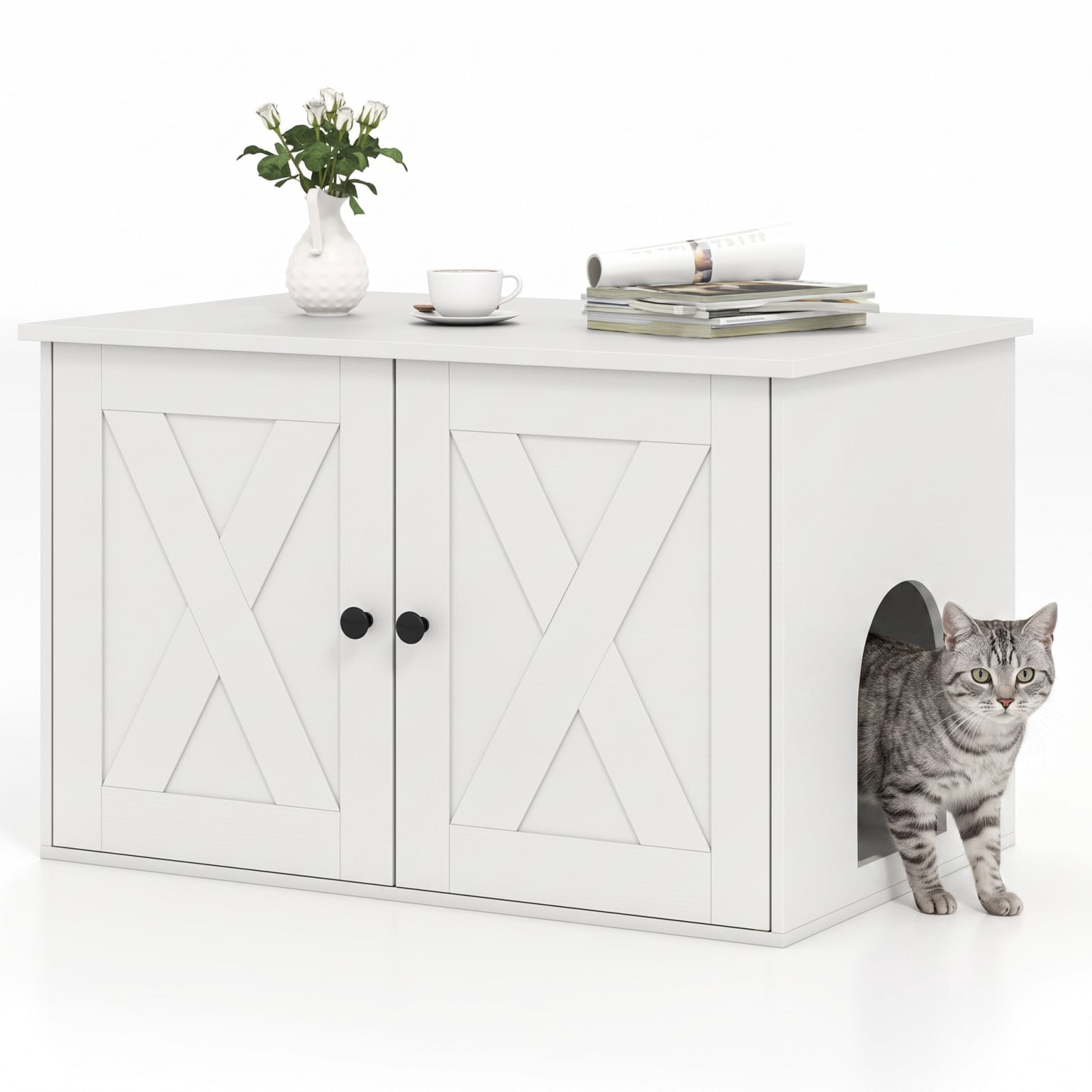 Vebreda Hidden Cat Litter Box Enclosure with Divider and Double Doors, Cat Litter Box Furniture with Storage Top, 31.5 Inch, White