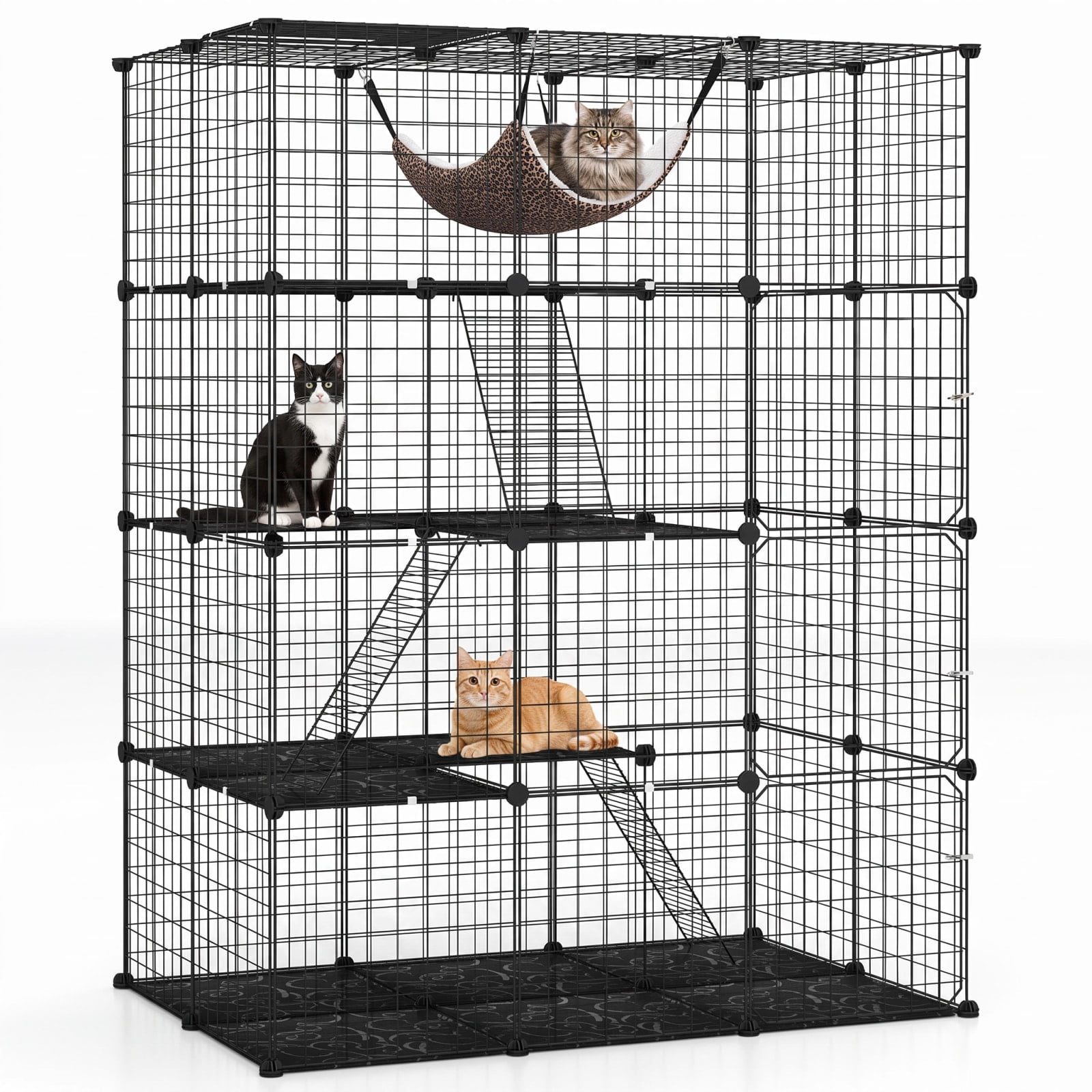 Vebreda Large 4-Tier Cat Cage with Skylight and Hammock for 1-4 Cats, Metal Wire Pet Playpen with Ladders, Lockable Doors and Anti-Tip Kit, Black