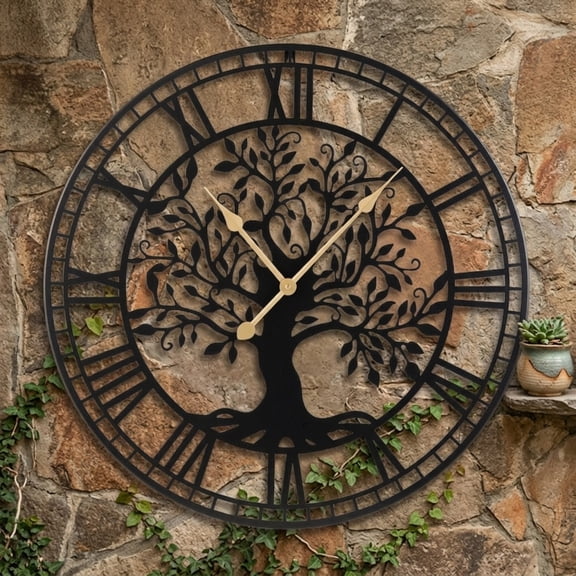 Vebreda Large Wall Clock 27 Inch Tree of Life Big Metal Wall Clock, Tree of Life Artistic Design, Non-Ticking Performance, ABS, Metal