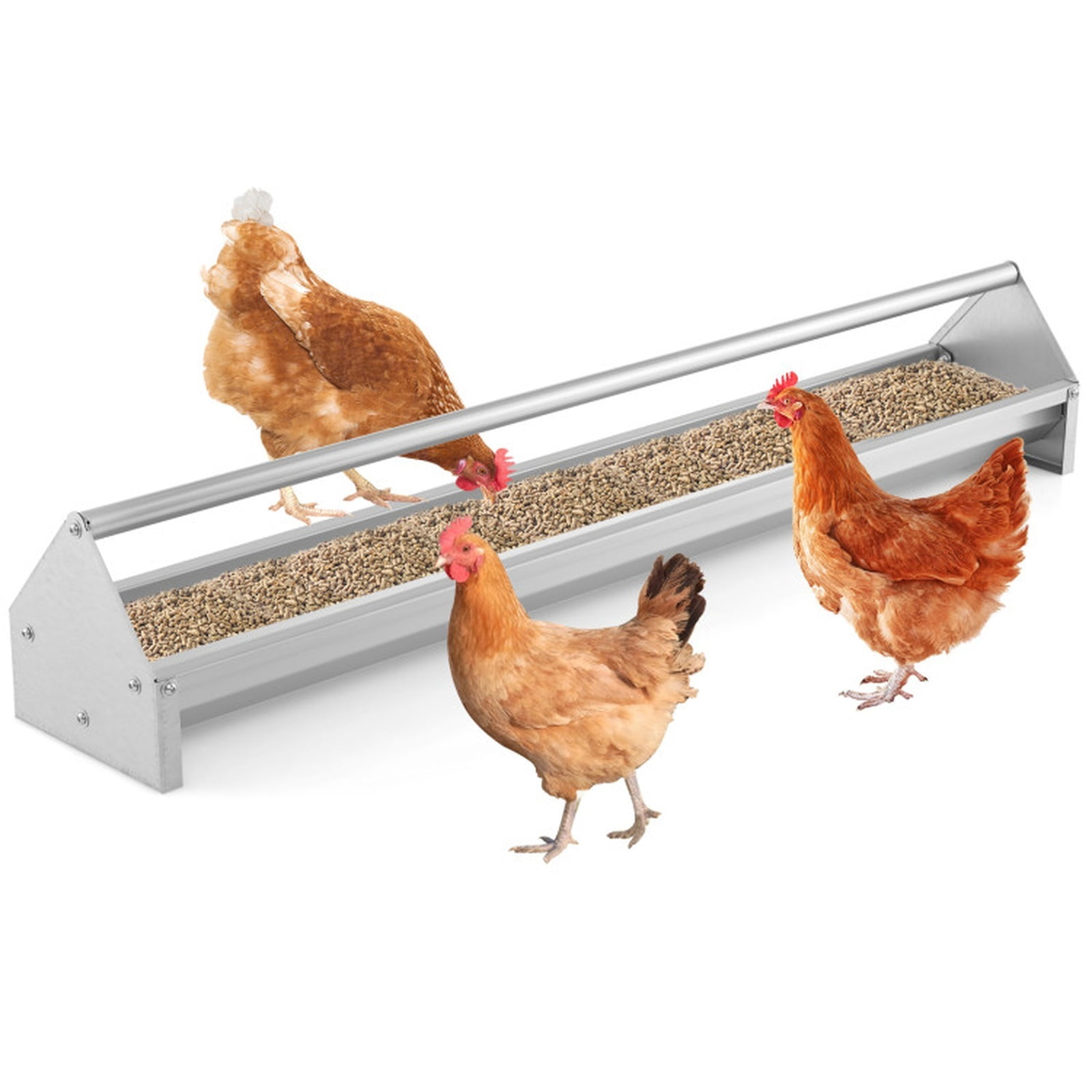 Vebreda Metal Chicken Feeder, 4 Gallon Galvanized Steel Feeding Trough with Drainage Holes & Stoppers, Elevated No-Waste Poultry Feeder for 12 Chickens, Rustproof with Handle, Silver